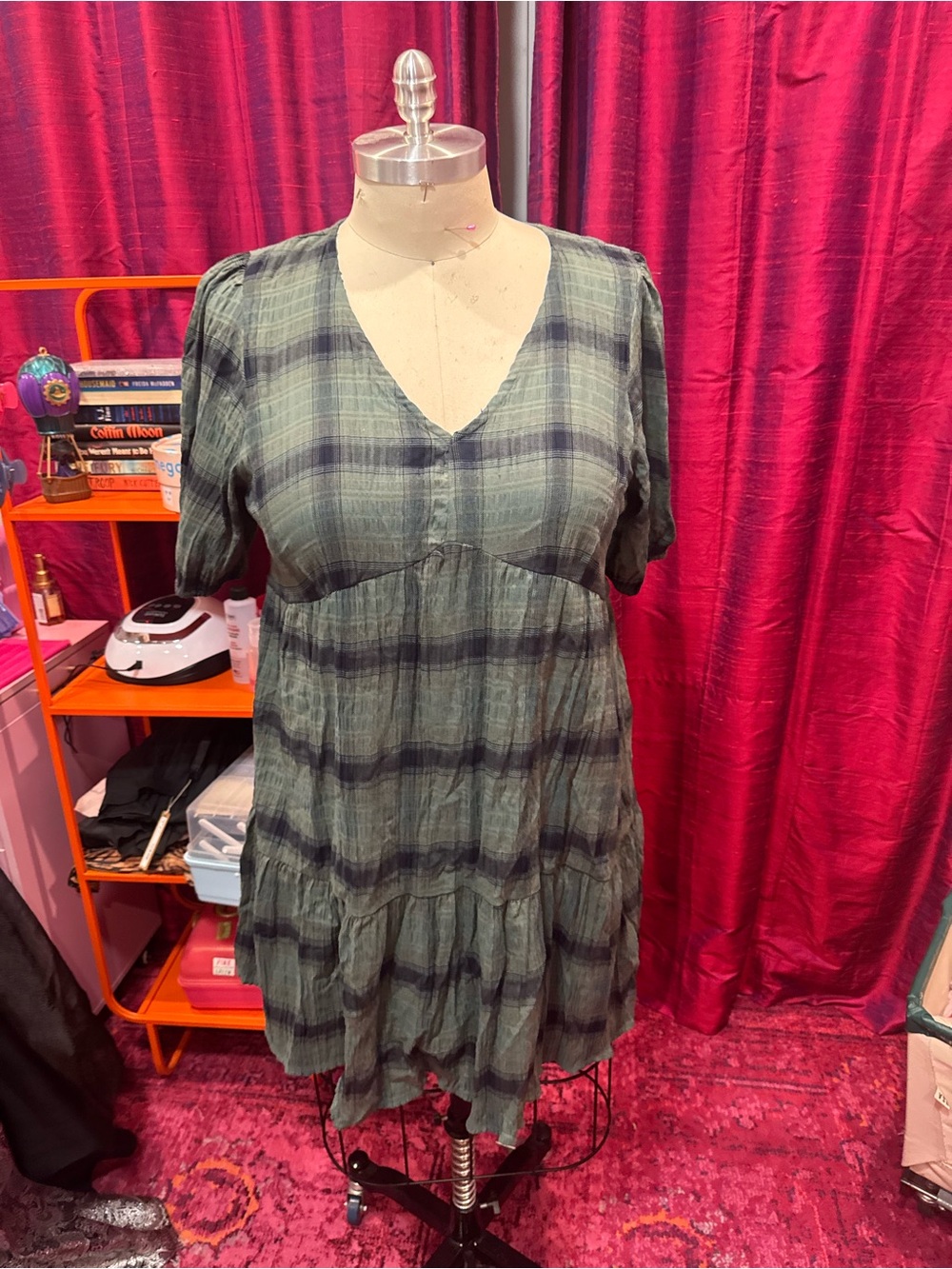 Primark Green Plaid V-Neck Tiered Tunic